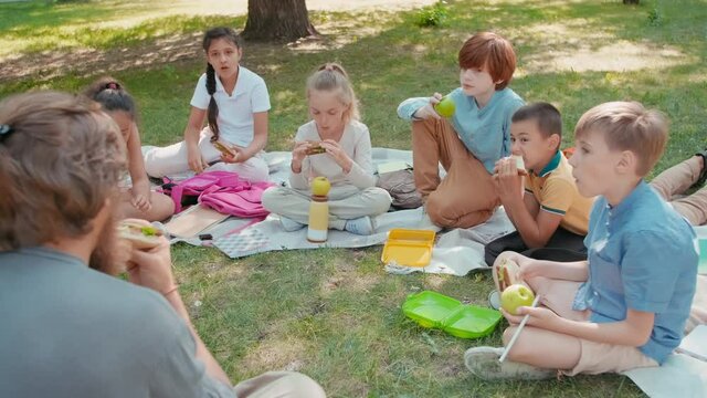 Tracking slowmo shot of bearded male teacher and group of schoolchildren sitting on blankets in park on sunny summer day and eating lunch after outdoor lesson