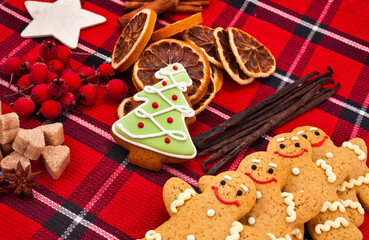 Christmas greeting card. Gingerbread men, hearts made of brown sugar, fir shaped cookie, dried orange slices, red berries and spices on a red fabric tartan background. Top view.