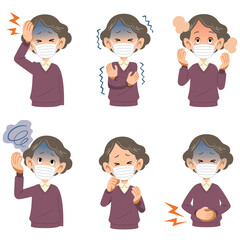 マスクをつけたシニア女性の病気の症状
