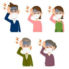 マスクをつけた男性と女性の頭痛
