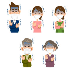 寒気を感じるマスクをつけた男性と女性
