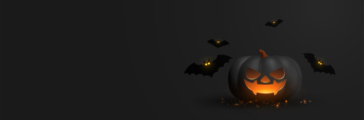 Happy Halloween banner. Festive background with realistic 3d black pumpkins with cut scary smile and flying bats. Horizontal holiday poster, header for website. Vector illustration