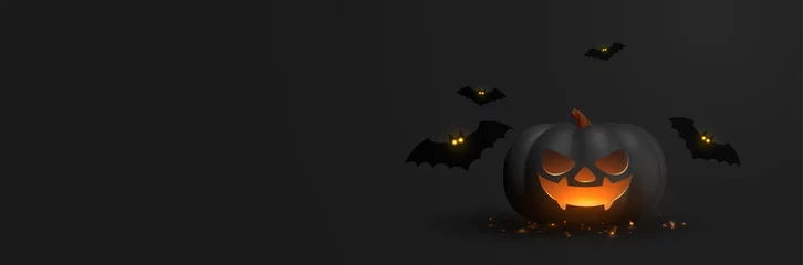 Poster Im Rahmen Happy Halloween banner. Festive background with realistic 3d black pumpkins with cut scary smile and flying bats. Horizontal holiday poster, header for website. Vector illustration © lauritta