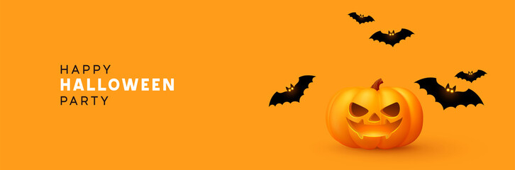 Happy Halloween banner. Festive background with realistic 3d orange pumpkins with cut scary smile and flying bats. Horizontal holiday poster, header for website. Vector illustration