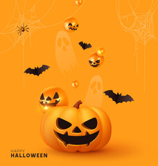 Happy Halloween. Festive background with realistic 3d orange pumpkins with cut scary smile, golden spider web and flying bats. Holiday poster, flyer, brochure and template cover. Vector illustration