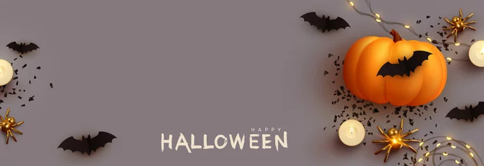 Poster Happy Halloween banner. Festive background with realistic 3d orange pumpkins and flying bats, golden spider, candles, light garlands. Horizontal holiday poster, header for website. Vector illustration © lauritta