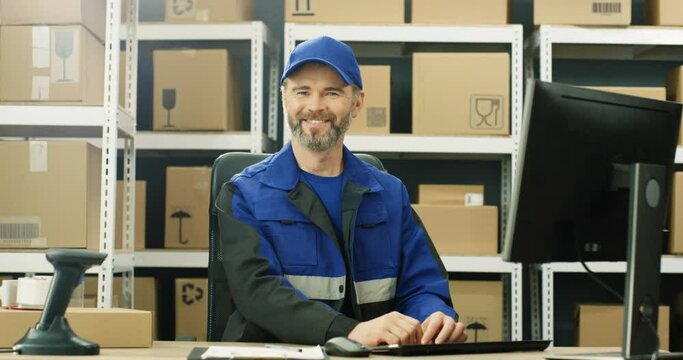 Portrait of happy Caucasian postman in iniform and cap sitting at desk in postal office store and working at computer. Handsome male courier smiling happily to camera in storage of parcels.
