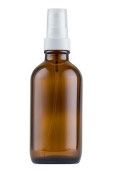 Amber glass bottle with spray. White isolated background. Mockup and copy space available.