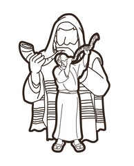 Feast of trumpets.Group of Jewish people blowing the shofar horn cartoon graphic vector