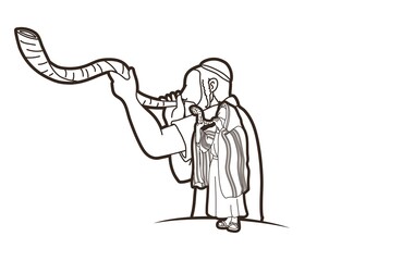 Feast of trumpets.Group of Jewish people blowing the shofar horn cartoon graphic vector