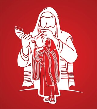man blowing shofar, red background clip art preview