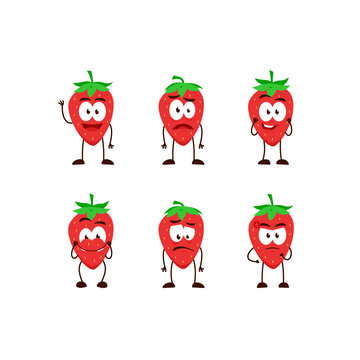 strawberry fruit character cartoon mascot pose set humanized funny expression stye