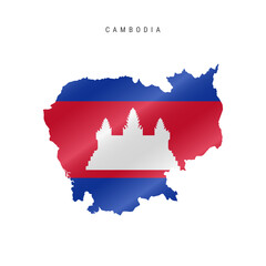 Detailed waving flag map of Cambodia. Vector map with masked flag.