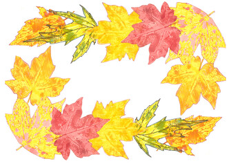 frame of autumn yellow red maple leaves on a white background, graphic drawing, copy space
