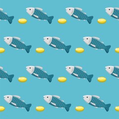 Deep sea fish and fish oil health food, seamless continuous illustration vector background