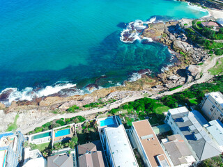 Panoramic  Aerial Drone View of  Bondi Beach Sydney NSW Australia houses on the cliff