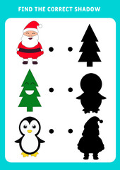 Find the correct shadow, education Christmas game for children. Funny cartoon characters.
Educational game for children.  Mini-game for children. Find the correct silhouette printable worksheet.