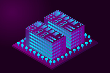Fototapeta premium Smart city or intelligent building isometric vector concept. Modern smart city urban planning and development infrastructure buildings. Creative vector illustration on gradient background.