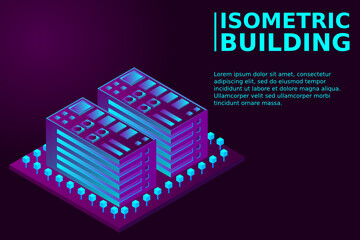 Naklejka premium Smart city or intelligent building isometric vector concept. Modern smart city urban planning and development infrastructure buildings. Creative vector illustration on gradient background.