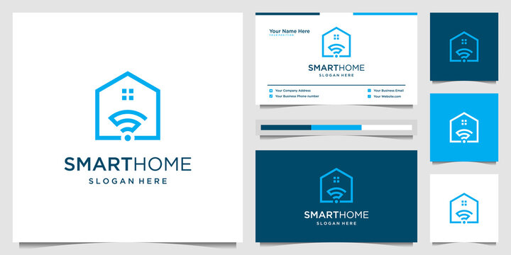 Creative smart home with wireless, signal, remote and home icon. innovation logo design and business card.