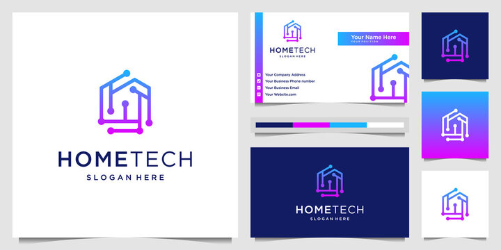 Home tech with connection dot line art style logo design and business card. creative idea symbol technology.