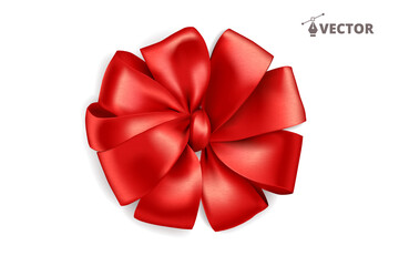 Realistic gift bow. Red ribbon isolated on white. Vector holiday decoration. Great for christmas and birthday cards, valentine or shopping sale banners. Easy to change colors.