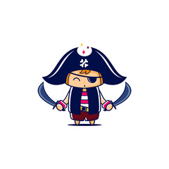 Cartoon cute Pirate hold two swords