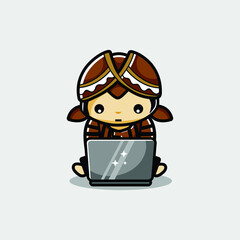 Obraz na płótnie Canvas Cartoon little javanese mascot use laptop in work