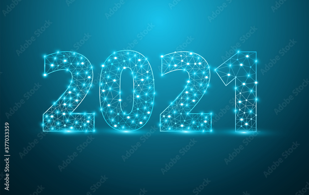 Fototapete 2021 new year text design with mesh stylish alphabet letters numbers, Graphic background communication structure with connected dots lines, Vector illustration