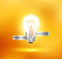 Creative light bulb idea with 2021 new year design, Inspiration business start up plan, marketing strategy, teamwork, brainstorm ideas concept, Vector illustration modern design layout template
