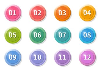 Vector colored circle button graphic, icon, box, 1 to 12, item, set