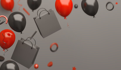 Black Friday sale background decoration with shopping bag flying red balloon product display mock up on studio lighting. 3D rendering illustration.