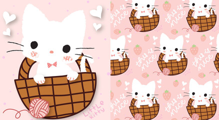 
cute white little cat in the basket vector set