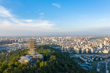 city skyline with pagoda