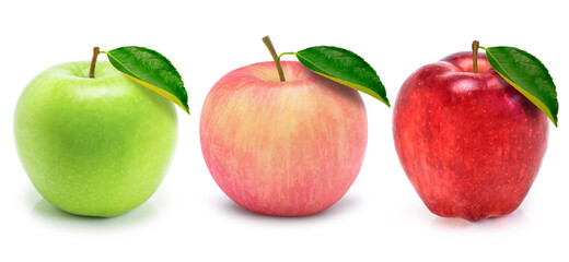 Three apple, green, red and pink apples isolated on white  background.