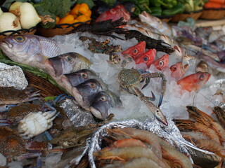 Seafood spread, Fresh selection of fish crab, prawns and vegetables. 