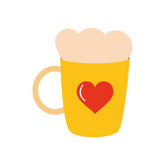 hot chocolate mug with heart icon, flat style