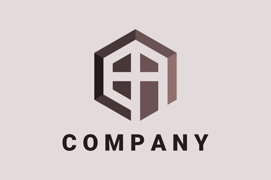 Hexagon vector logo for real estate,  building construction and general business with line and arrow elements forming a home and window illustration. Hexagon logo initial  "EA".