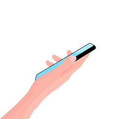 Mobile phone in the hand. Woman holds black smartphone. Finger touching screen. Online education, learning on mobile. Copy space for your text. Vector illustration, white background. Vector.