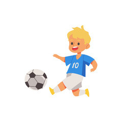 Boy soccer or football player kicking a ball flat vector illustration isolated.