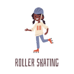 Cartoon girl roller skating in sport helmet. Cute African child