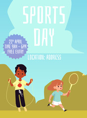Sports day banner with kids engaged in sport activity flat vector illustration.