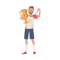 Champion winner sportsman with cup and medal flat vector illustration isolated.