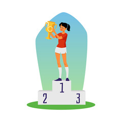 Sportive girl stands on pedestal with gold cup flat vector illustration isolated.