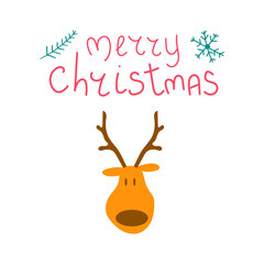 Fototapeta na wymiar Hand drawn text Merry Christmas with reindeer. Flat illustration for greeting card or postcard design.