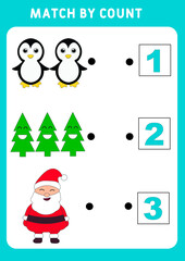 Counting Game for Preschool Children. Educational a mathematical game. Count the items in the picture and choose the right answer. santa claus, penguin, christmas tree. Christmas theme
