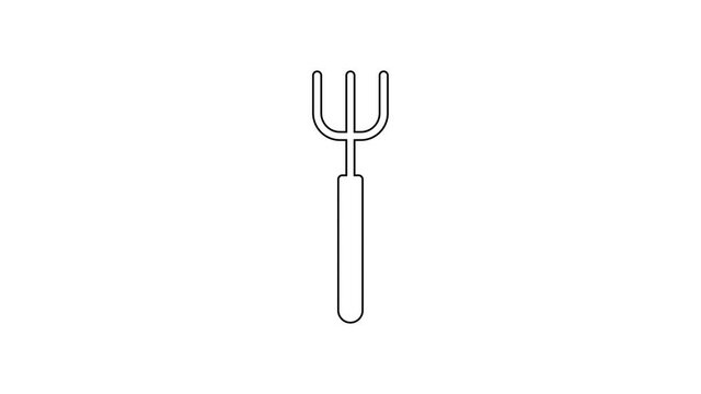 Black line Garden pitchfork icon isolated on white background. Garden fork sign. Tool for horticulture, agriculture, farming. 4K Video motion graphic animation.