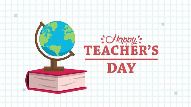 happy teachers day animation lettering with world map and book