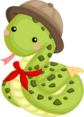 a vector of cute snake in a safari ranger costume
