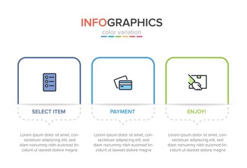 Concept of shopping process with 3 successive steps. Three colorful graphic elements. Timeline design for brochure, presentation, web site. Infographic design layout.